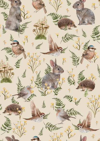 Birds & Bunnies Nursery Wallpaper - Ecru - Summer Gray

