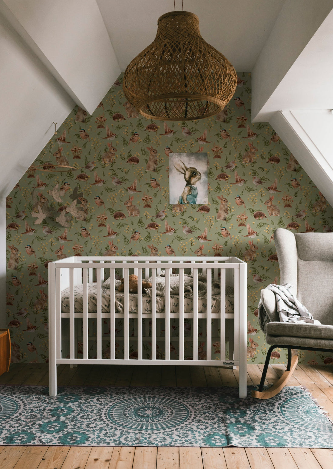 Birds & Bunnies Nursery Wallpaper - Peppermint - Summer Gray
