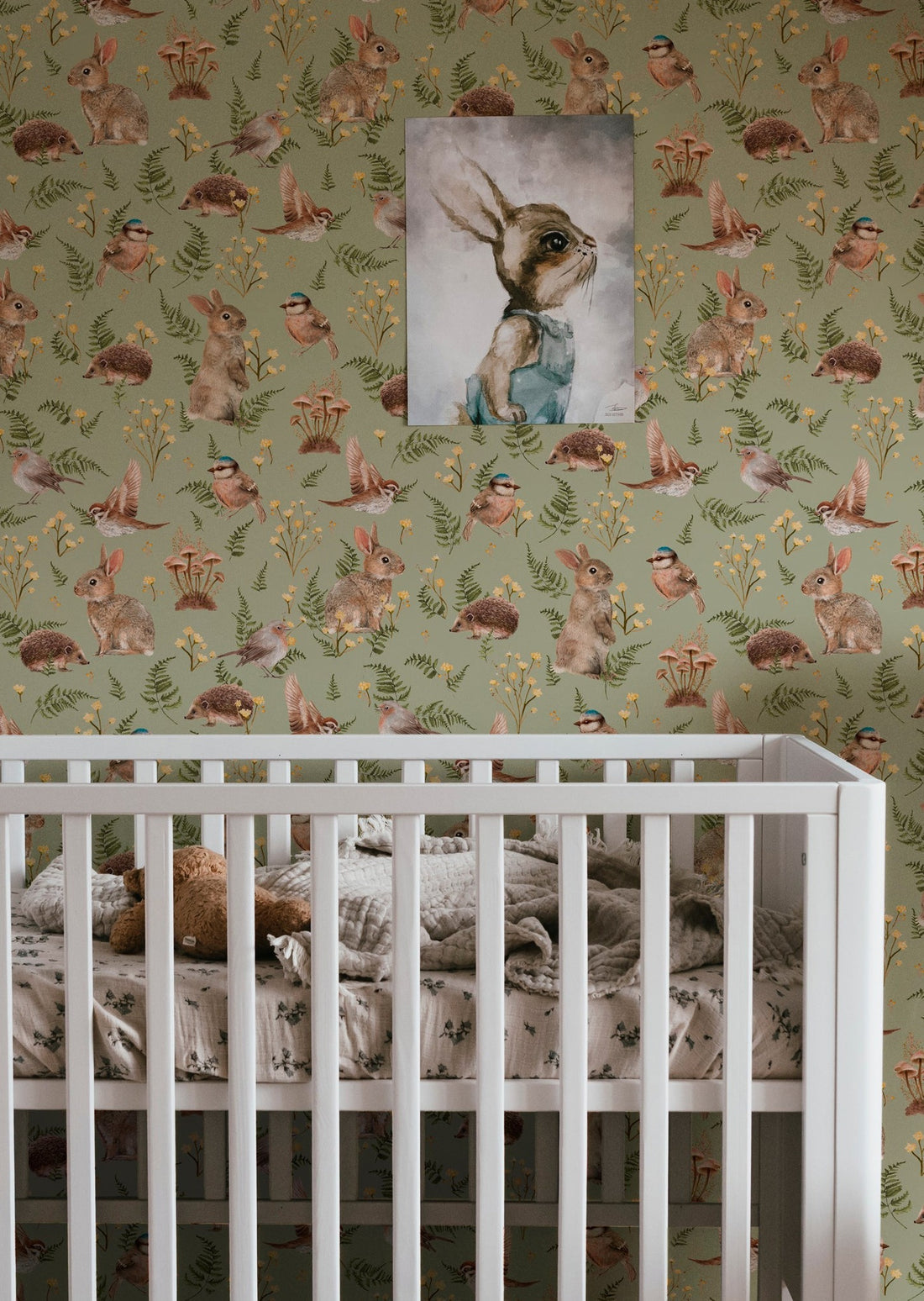Birds & Bunnies Nursery Wallpaper - Peppermint - Summer Gray
