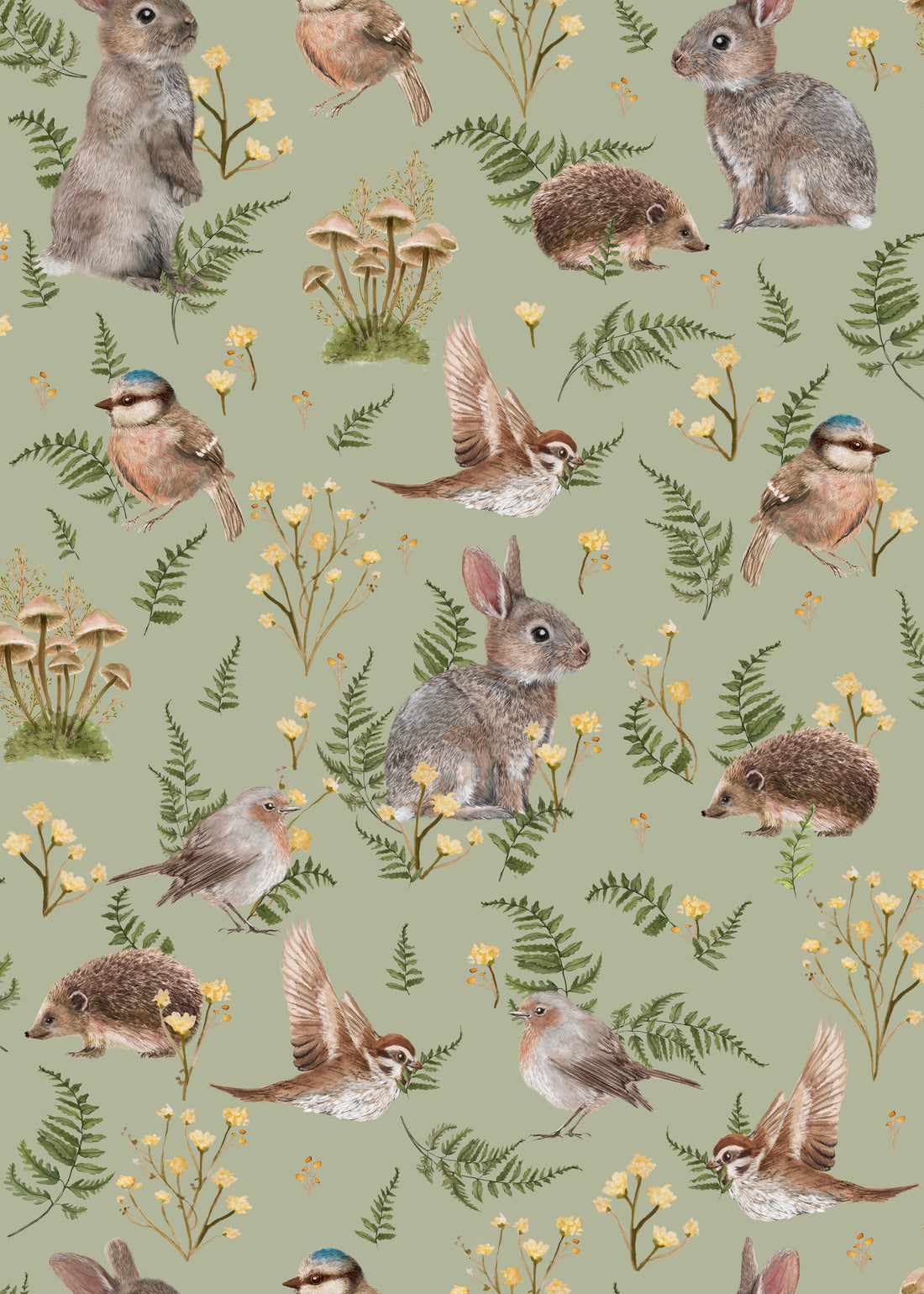 Birds & Bunnies Nursery Wallpaper - Peppermint - Summer Gray
