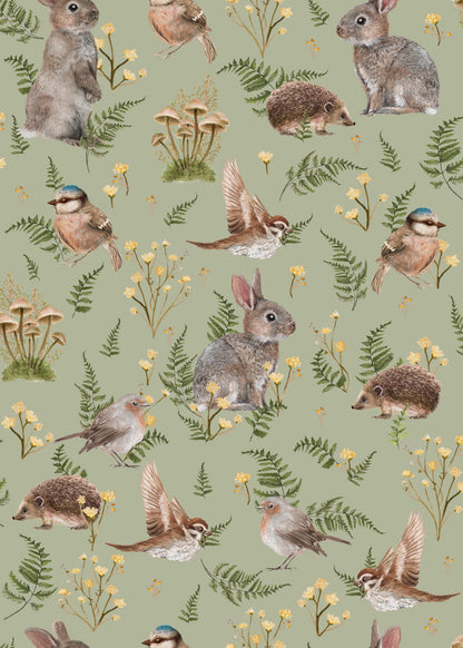 Birds & Bunnies Nursery Wallpaper - Peppermint - Summer Gray
