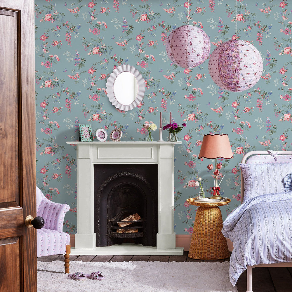 Birds & Roses Wallpaper - Blue - 125504 - Cath Kidston