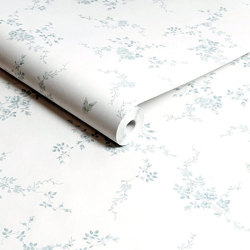 Butterflies Wallpaper - Duck Egg - Shabby Chic