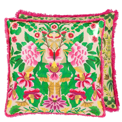 Ikebana Damask Fuchsia Embroidered Cotton Cushion - Designers Guild