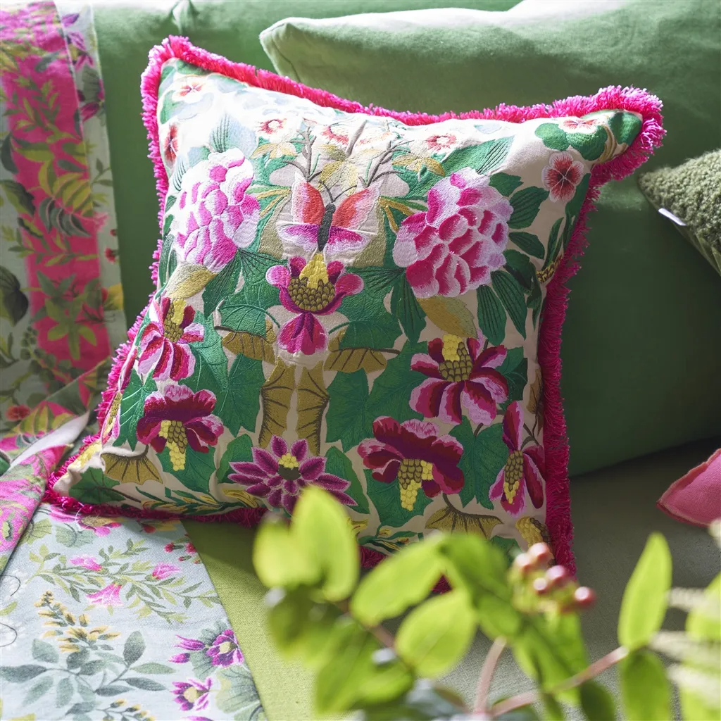 Ikebana Damask Fuchsia Embroidered Cotton Cushion - Designers Guild