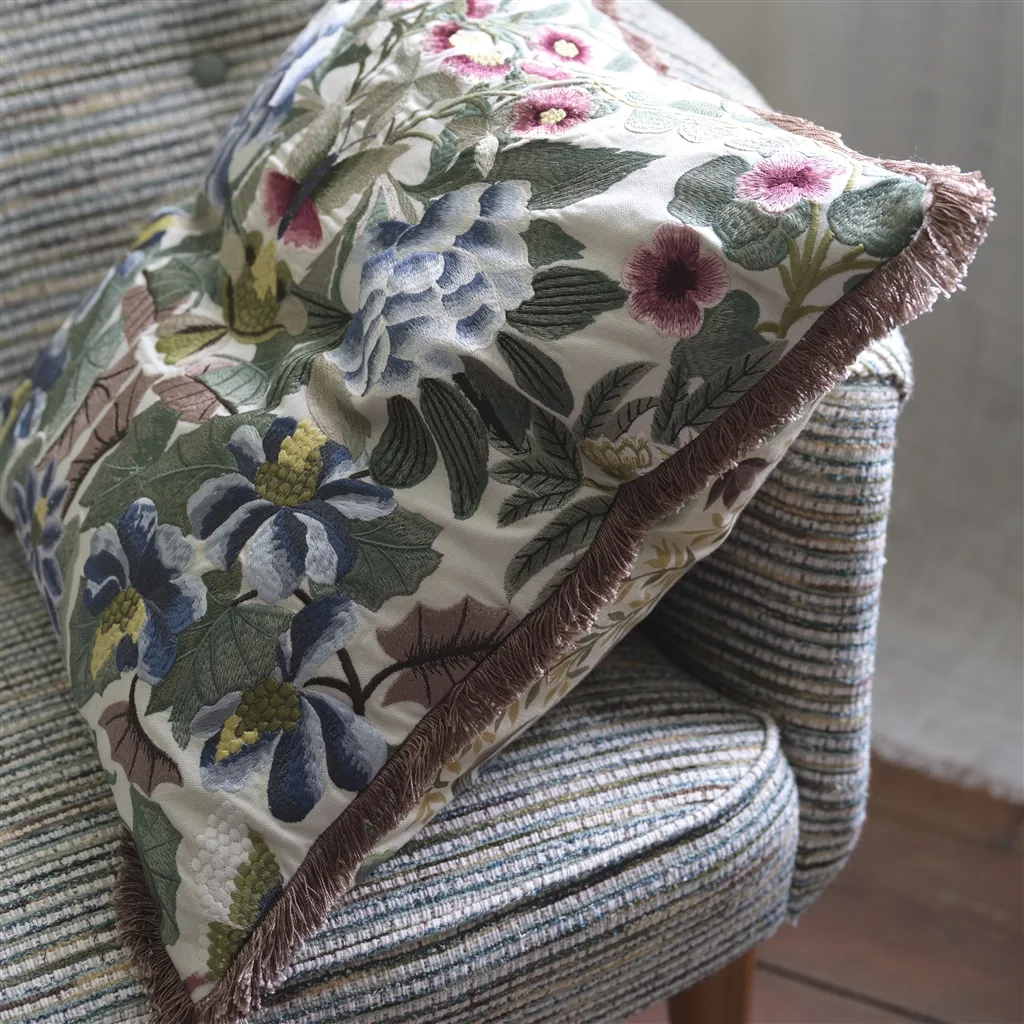 Ikebana Damask Cameo Embroidered Cotton Cushion - Designers Guild