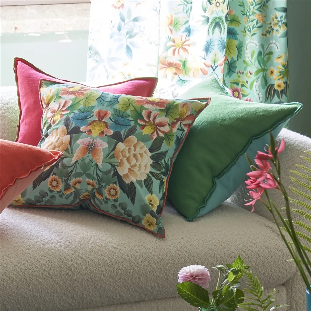 Ikebana Damask Aqua Cotton Cushion