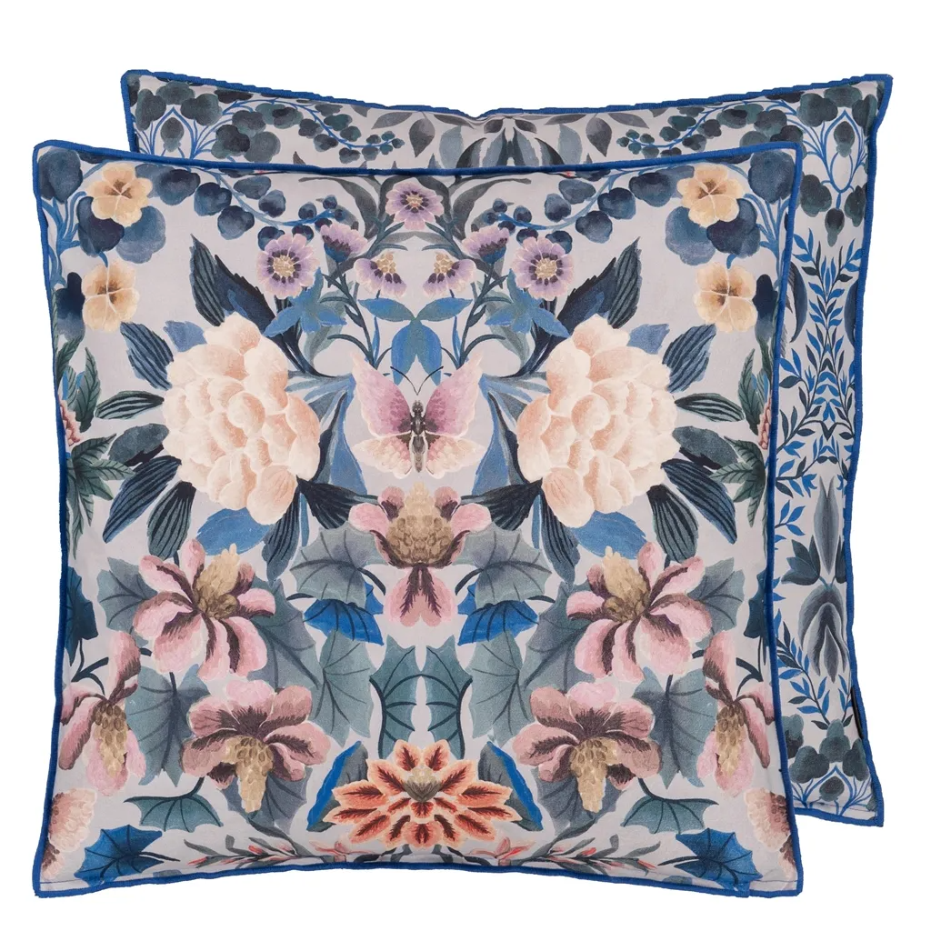 Ikebana Damask Slate Blue Cotton Cushion