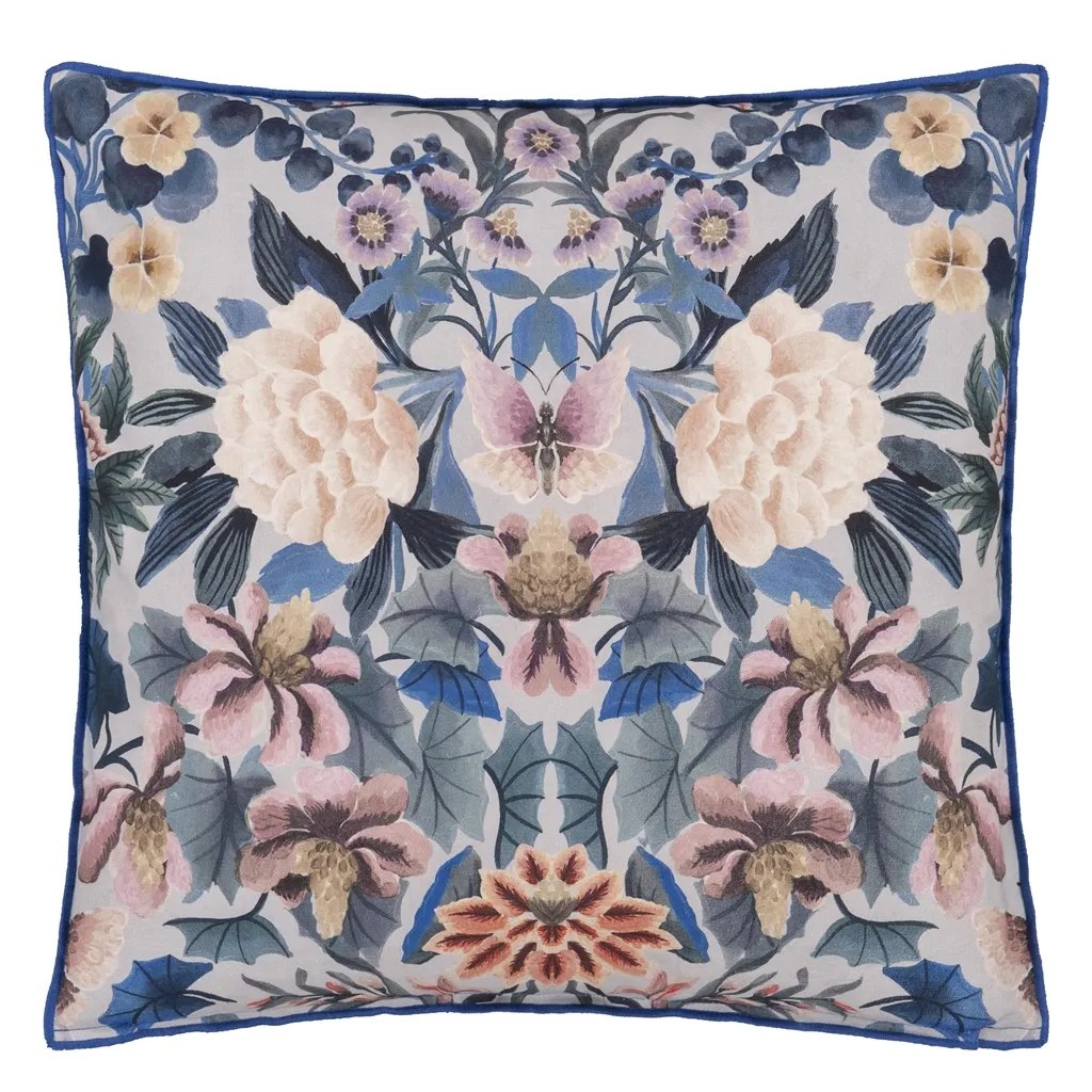 Ikebana Damask Slate Blue Cotton Cushion