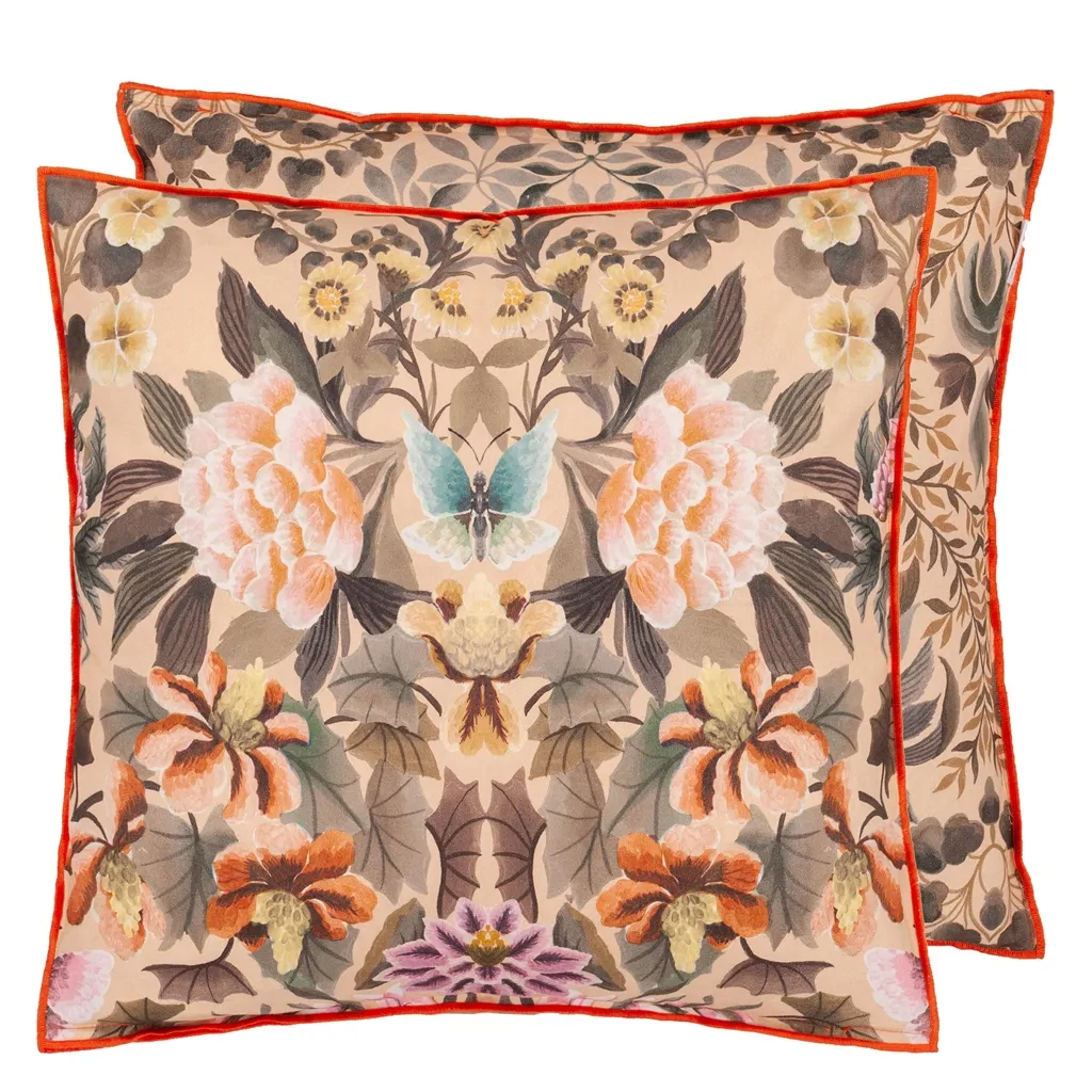 Ikebana Damask Coral Cotton Cushion