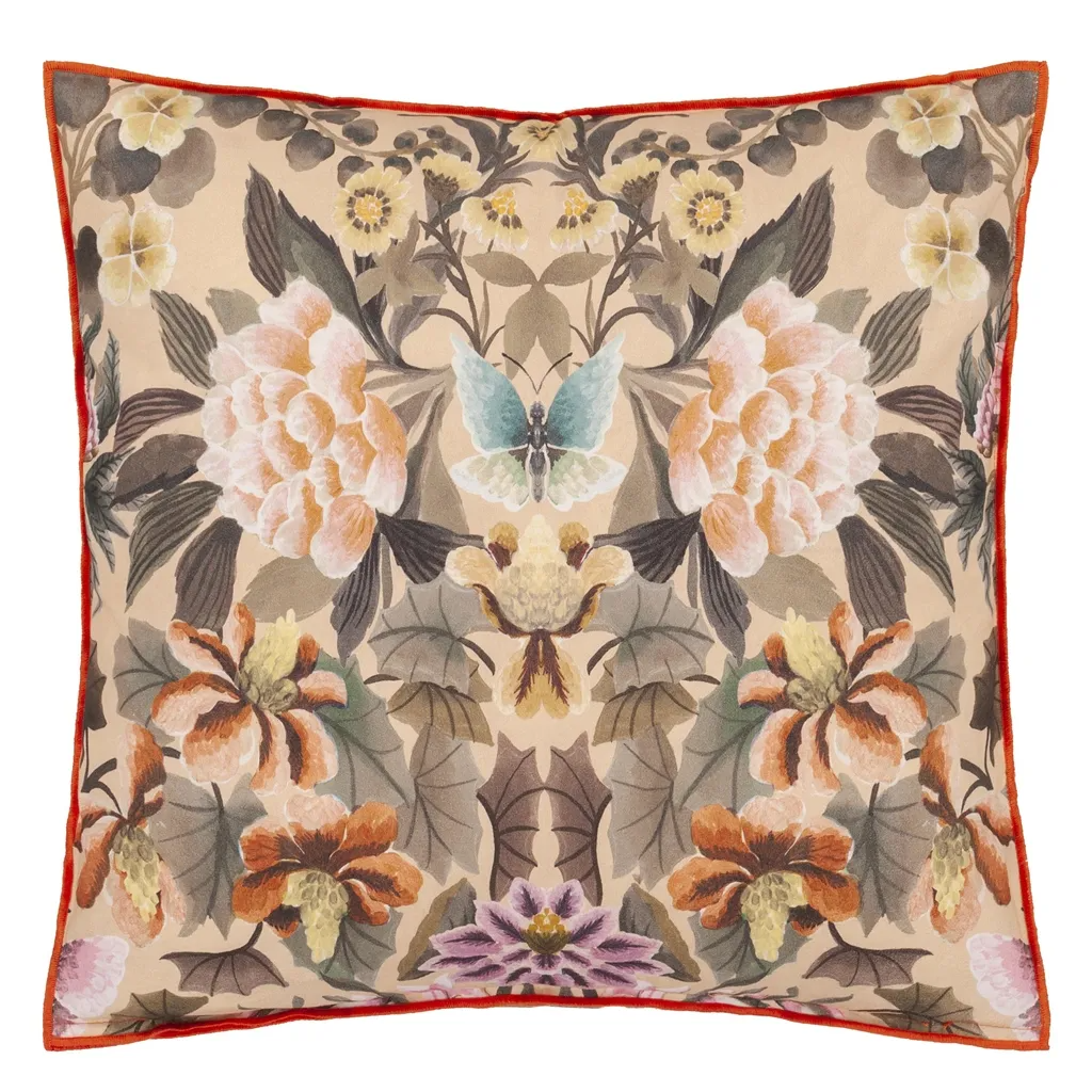 Ikebana Damask Coral Cotton Cushion