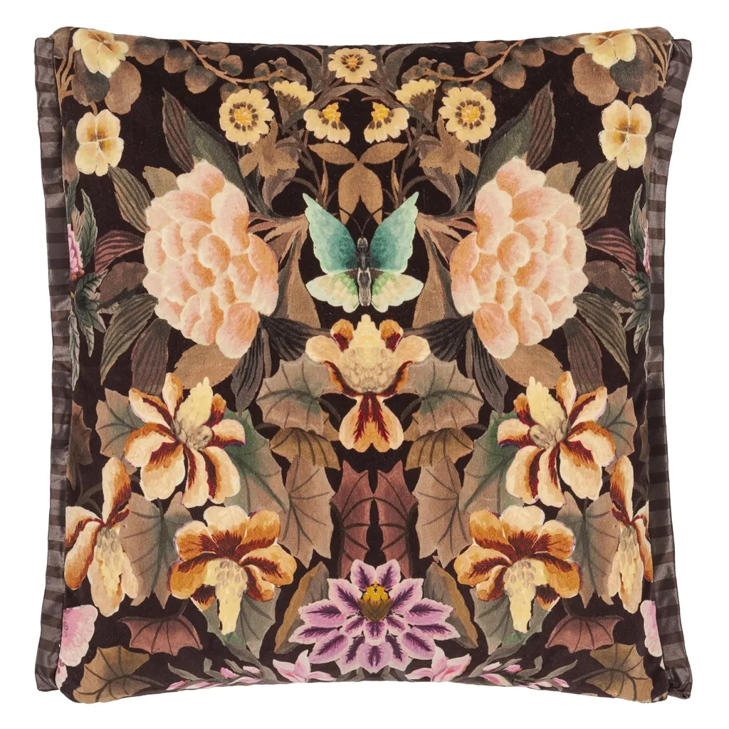 Ikebana Damask Chocolate Velvet Cushion - Designers Guild