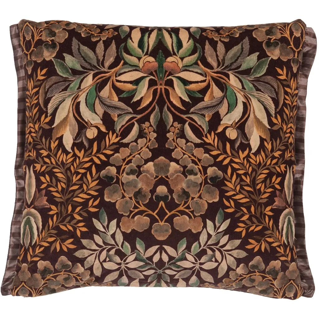 Ikebana Damask Chocolate Velvet Cushion - Designers Guild