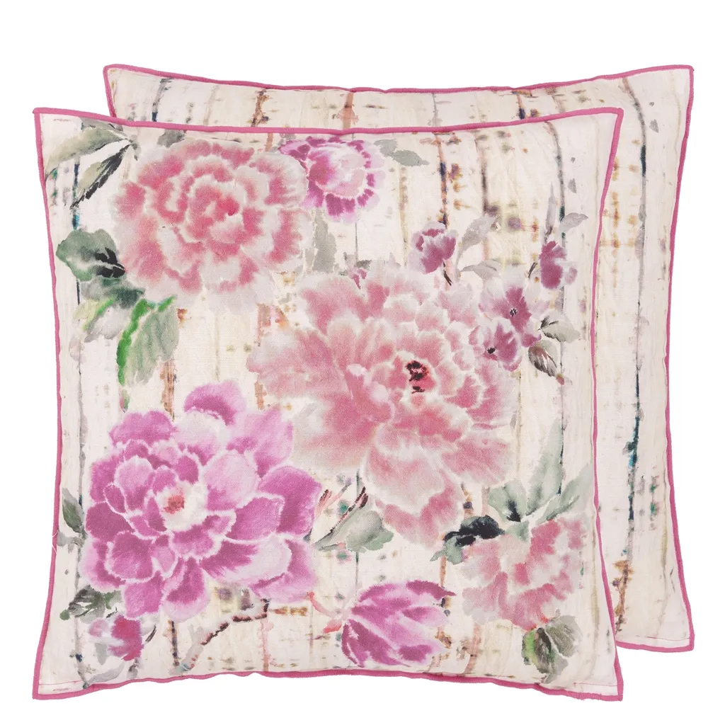 Kyoto Flower Coral Cotton Cushion - Designers Guild