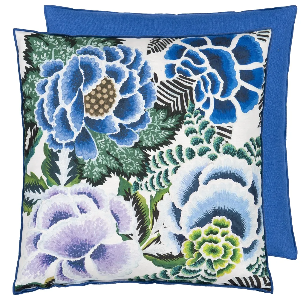 Rose De Damas Cobalt Cotton Cushion - Designers Guild