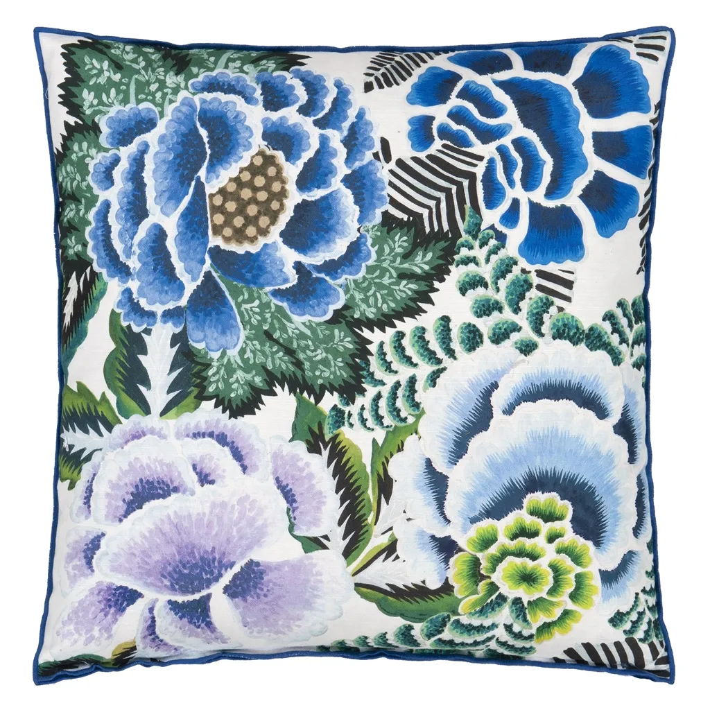 Rose De Damas Cobalt Cotton Cushion - Designers Guild