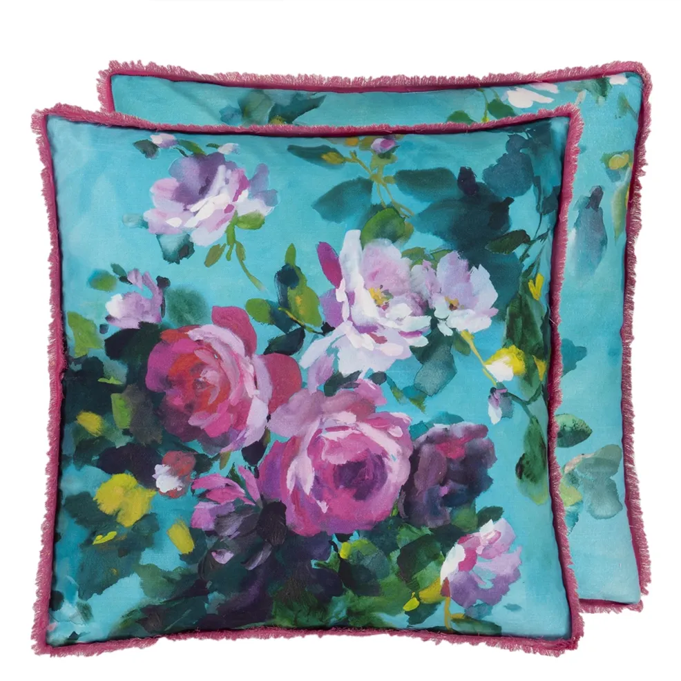 Bouquet De Roses Turquoise Cotton Cushion - Designers Guild