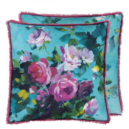 Bouquet De Roses Turquoise Cotton Cushion - Designers Guild