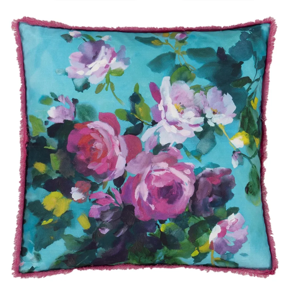 Bouquet De Roses Turquoise Cotton Cushion - Designers Guild
