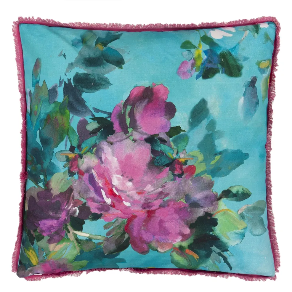 Bouquet De Roses Turquoise Cotton Cushion - Designers Guild
