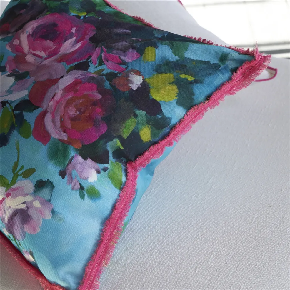 Bouquet De Roses Turquoise Cotton Cushion - Designers Guild