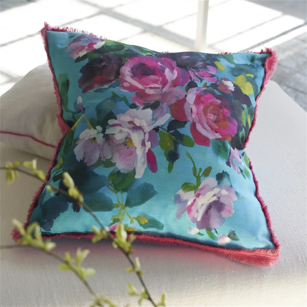 Bouquet De Roses Turquoise Cotton Cushion - Designers Guild