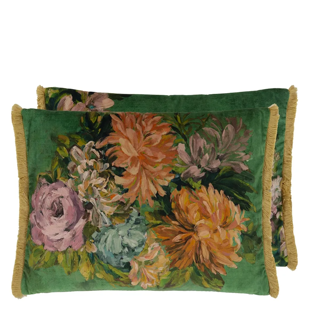 Fleurs D Artistes Velours Vintage Green Cushion - Designers Guild