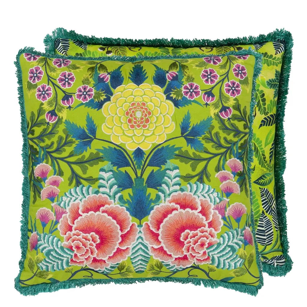 Brocart Decoratif Embroidered Lime Cotton Cushion - Designers Guild