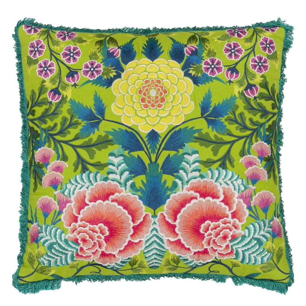 Brocart Decoratif Embroidered Lime Cotton Cushion - Designers Guild