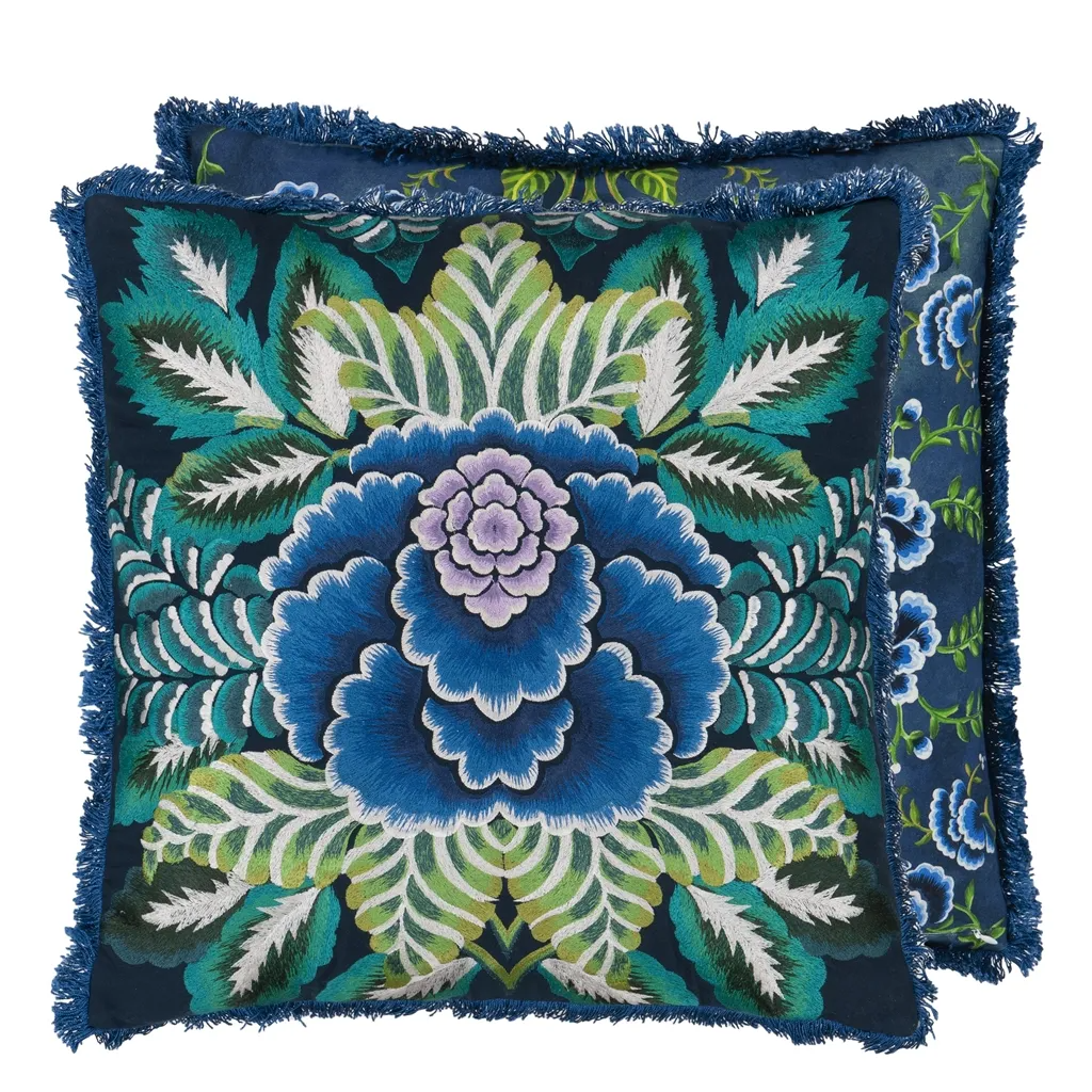 Rose De Damas Embroidered Indigo Cotton Cushion - Designers Guild