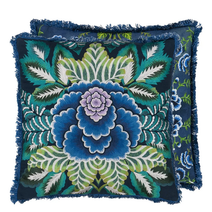 Rose De Damas Embroidered Indigo Cotton Cushion - Designers Guild