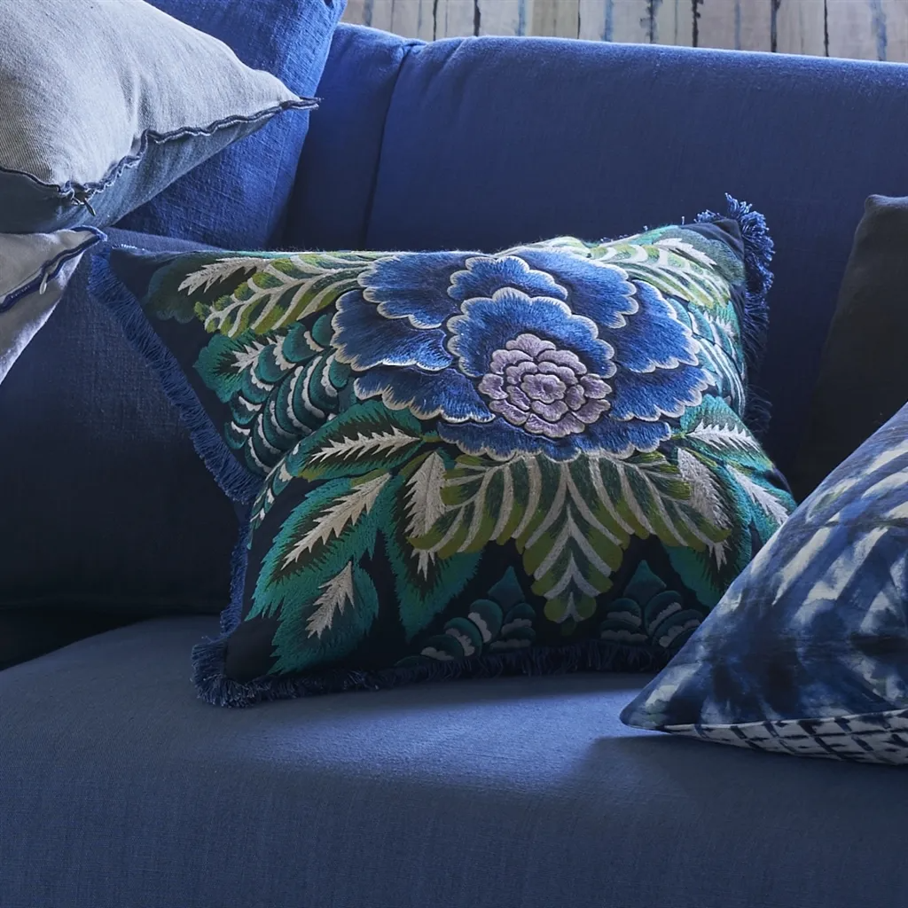 Rose De Damas Embroidered Indigo Cotton Cushion - Designers Guild