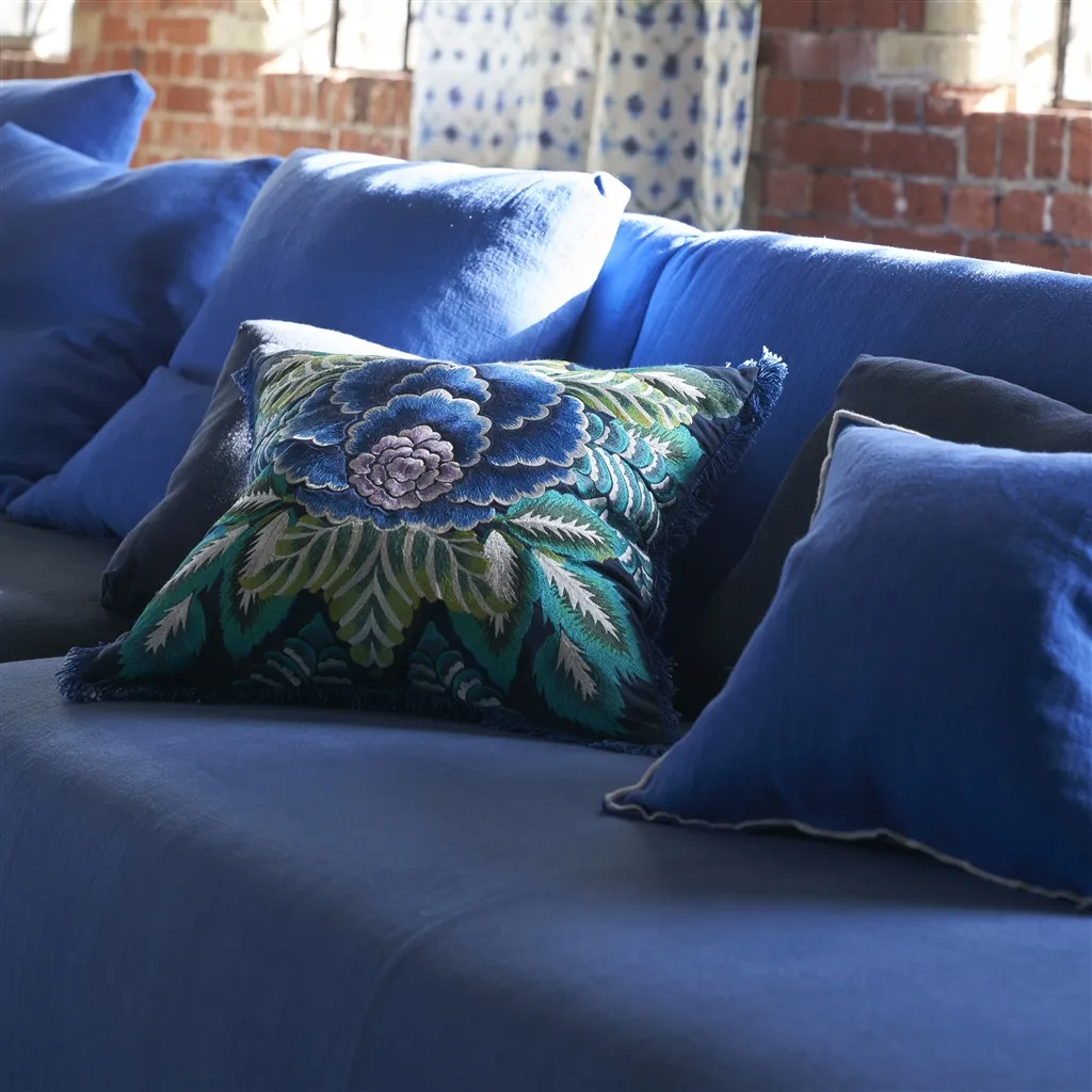 Rose De Damas Embroidered Indigo Cotton Cushion - Designers Guild
