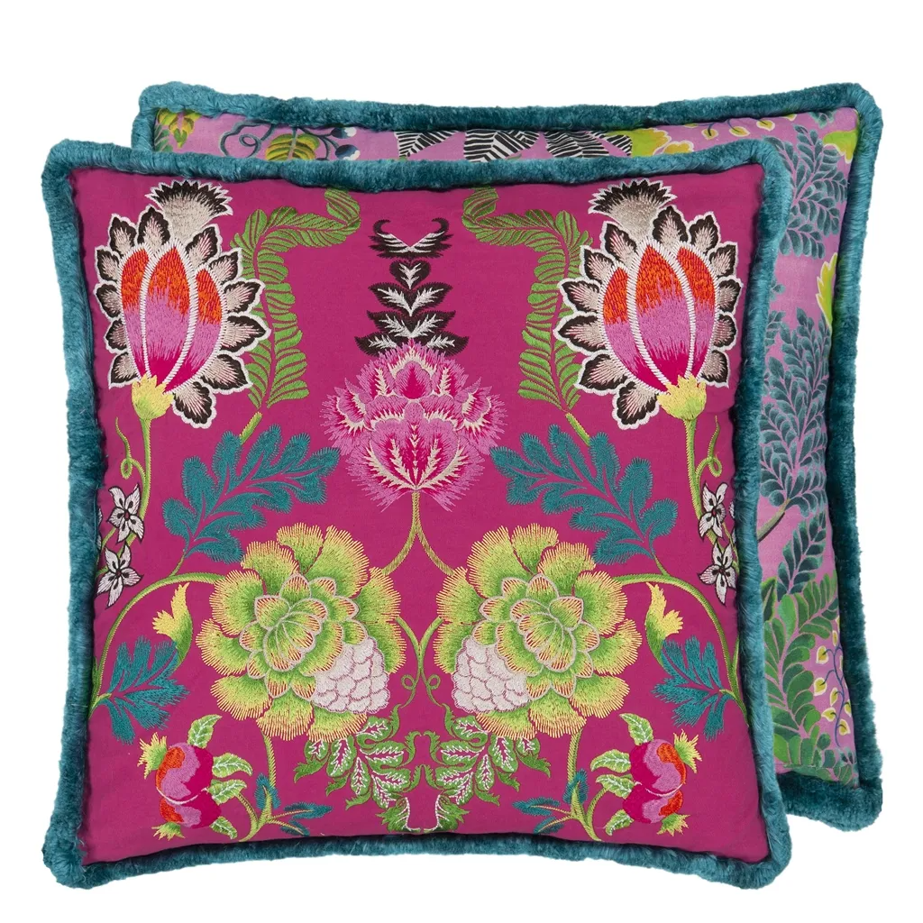 Brocart Decoratif Embroidered Cerise Cotton Cushion - Designers Guild