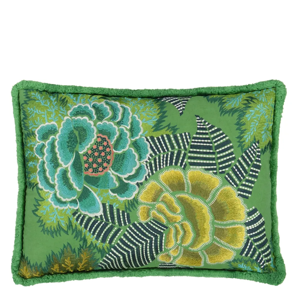Rose De Damas Embroidered Jade Cotton Cushion - Designers Guild