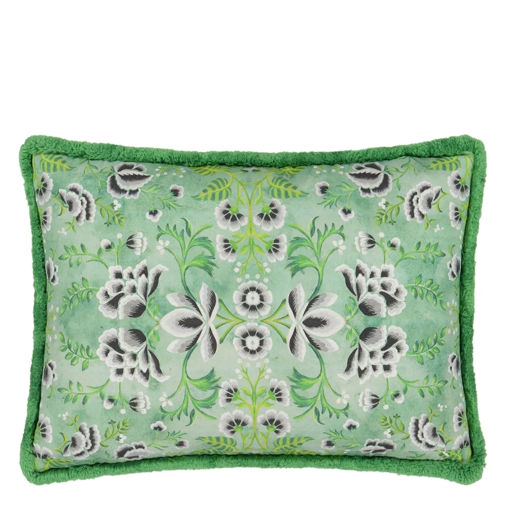 Rose De Damas Embroidered Jade Cotton Cushion - Designers Guild