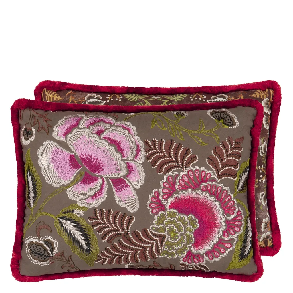 Rose De Damas Embroidered Cranberry Cotton Cushion - Designers Guild