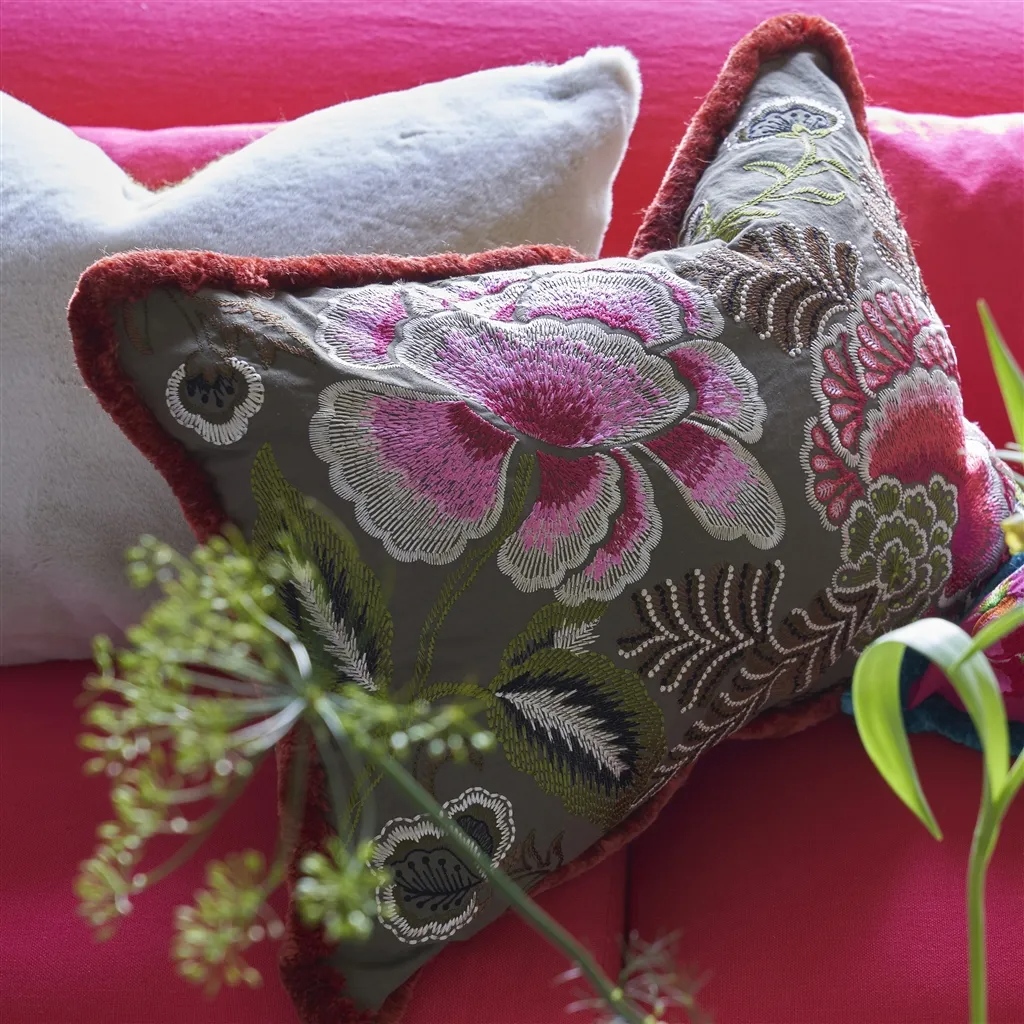 Rose De Damas Embroidered Cranberry Cotton Cushion - Designers Guild