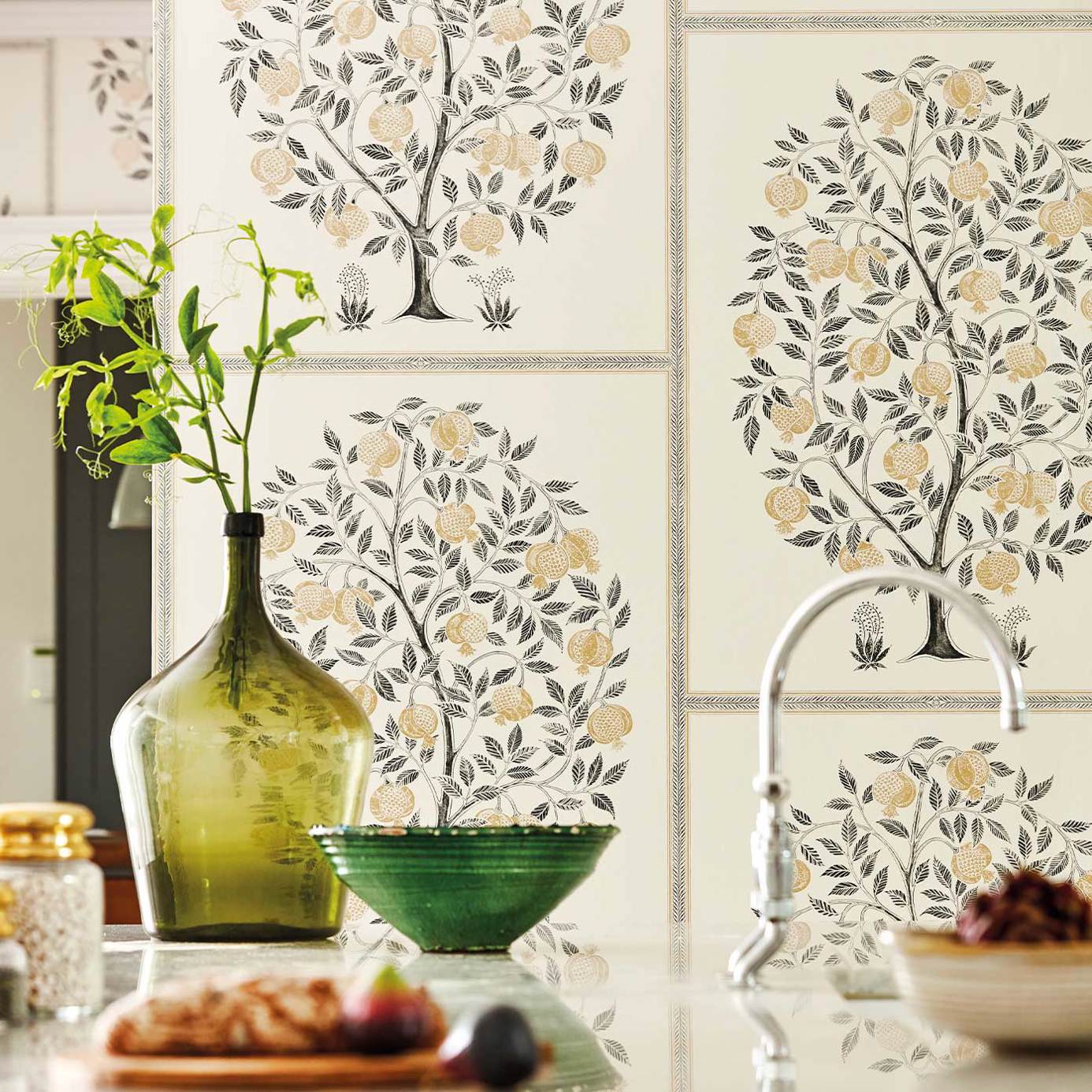 Anaar Tree Wallpaper - Charcoal/Gold - DCPW216791