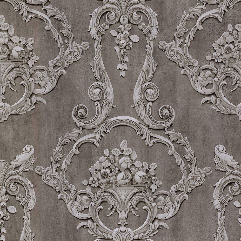 Grosvenor 3D Effect Floral Damask Wallpaper - Anthracite - Debona