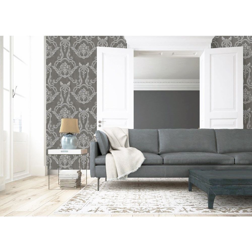 Grosvenor 3D Effect Floral Damask Wallpaper - Anthracite - Debona