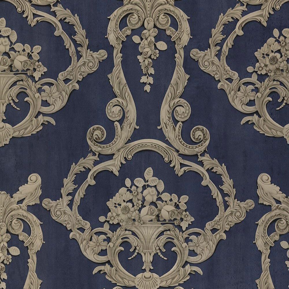 Grosvenor 3D Effect Floral Damask Wallpaper - Blue - Debona