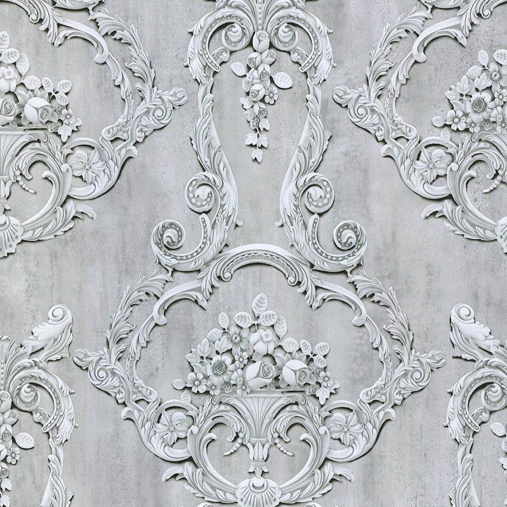 Grosvenor 3D Effect Floral Damask Wallpaper - Grey - Debona