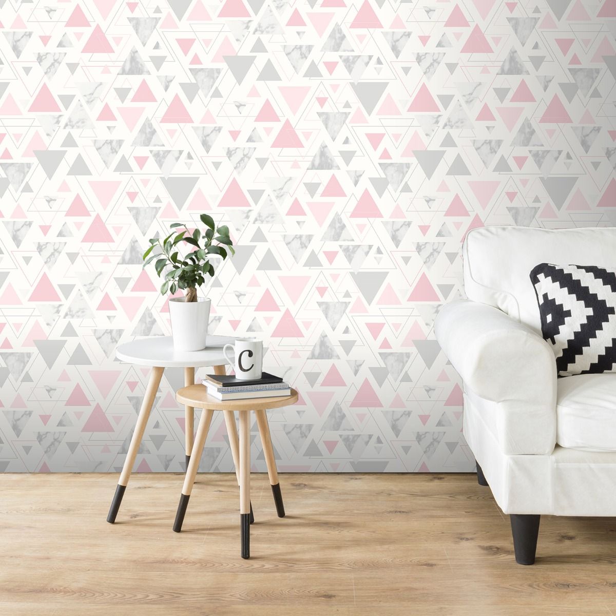 Chantilly Geometric Marble Triangle Wallpaper - Pink / Grey - Debona