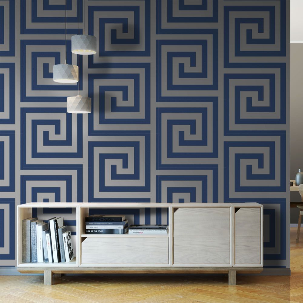 Athena Geometric Wallpaper - Navy / Silver - Debona