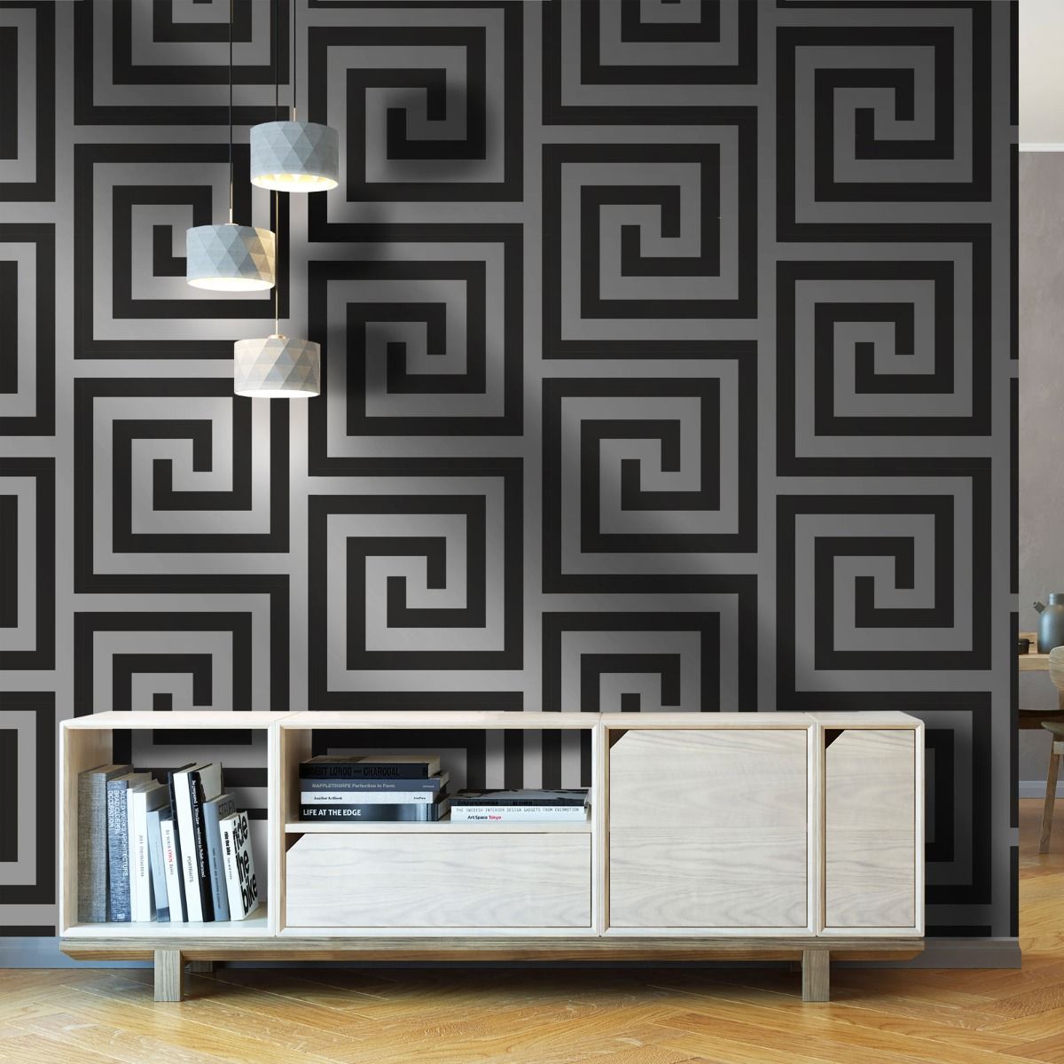 Athena Geometric Wallpaper - Black / Silver - Debona