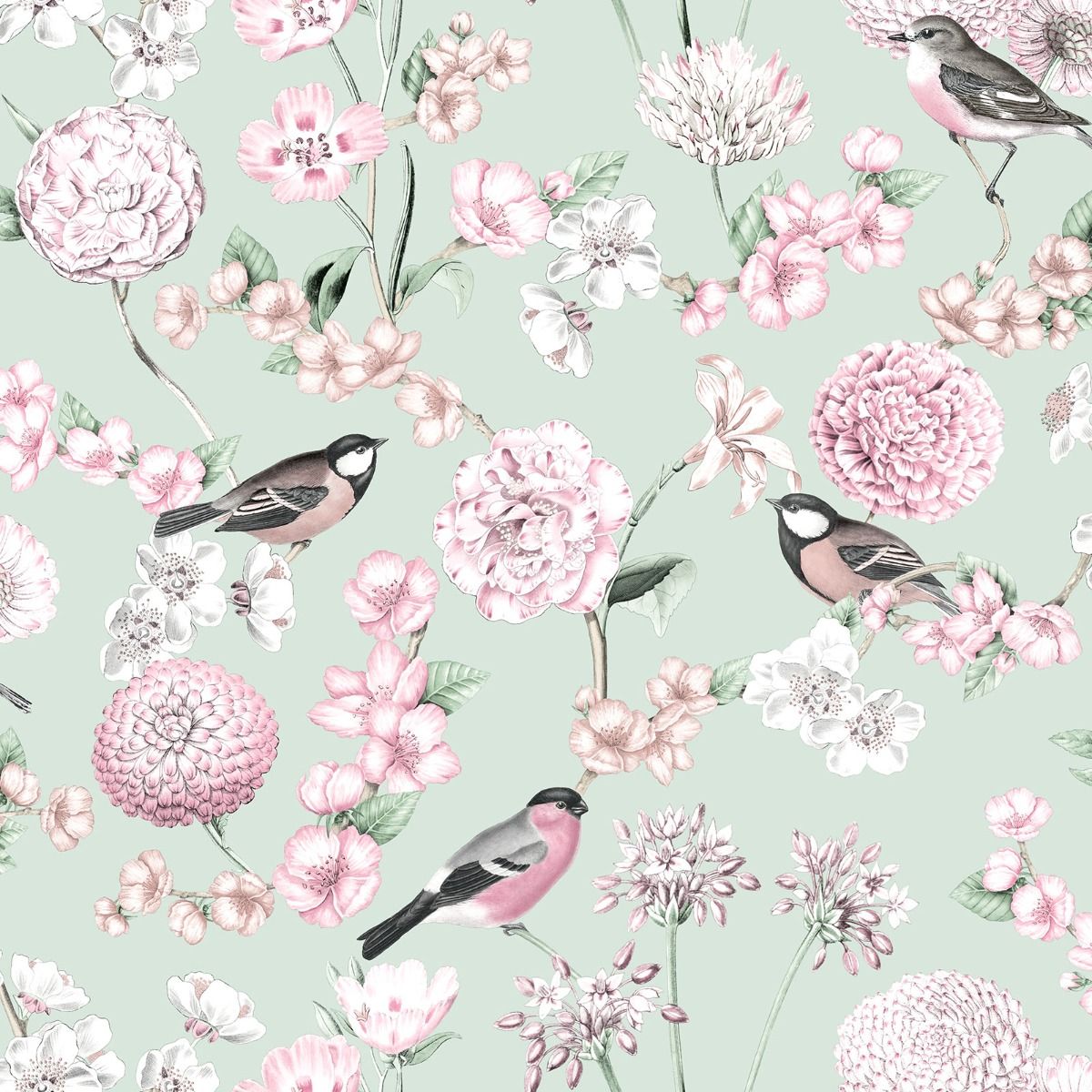 Limoges Floral Bird Wallpaper - Green - Debona