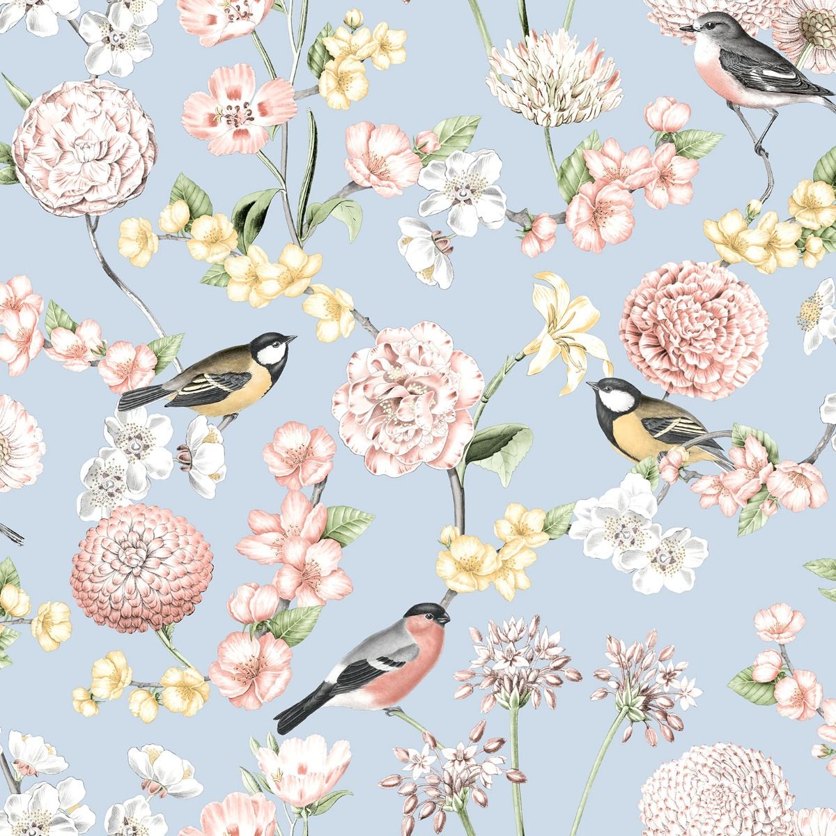 Limoges Floral Bird Wallpaper - Blue - Debona