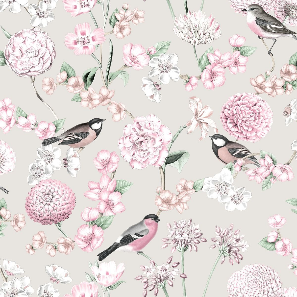 Limoges Floral Bird Wallpaper - Pearl - Debona