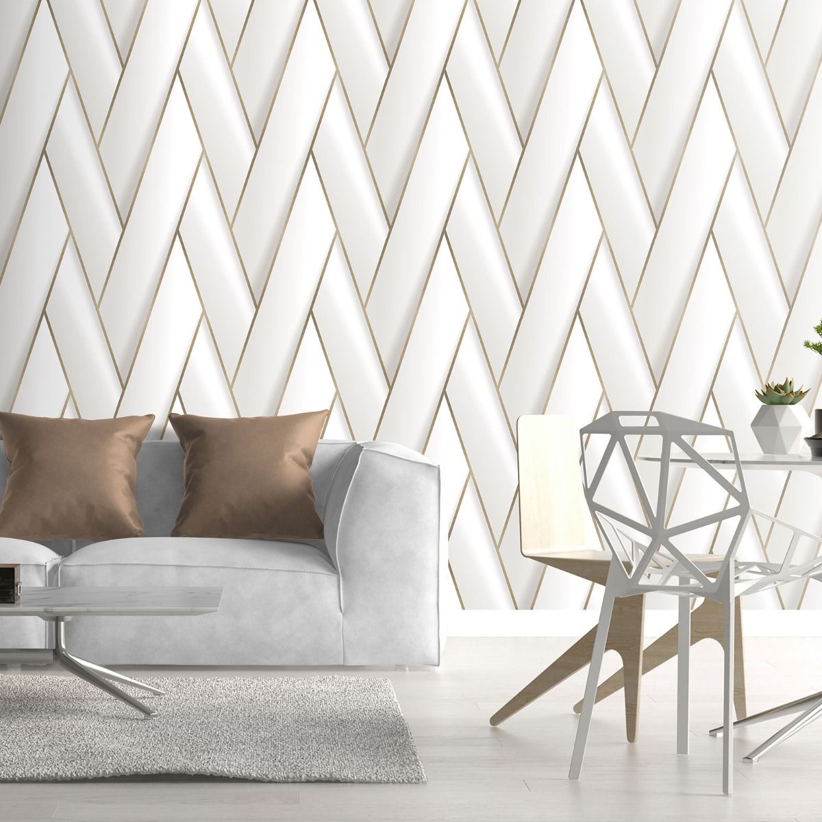 Armando Herringbone Geometric Wallpaper - White / Gold  - Debona